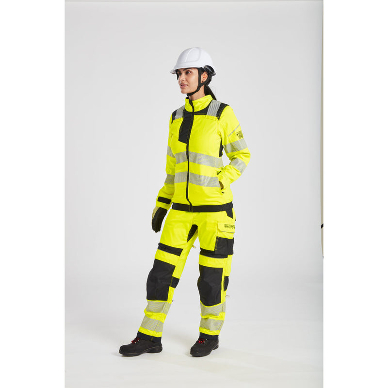 yellow safety uniform with black reinforcements and reflective strips for workplace safety