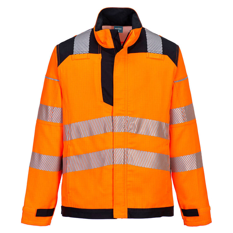 Orange-black two-tone work jacket with reflective elements and durable design