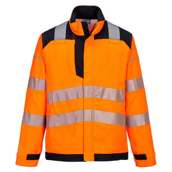 Orange-black two-tone work jacket with reflective elements and durable design