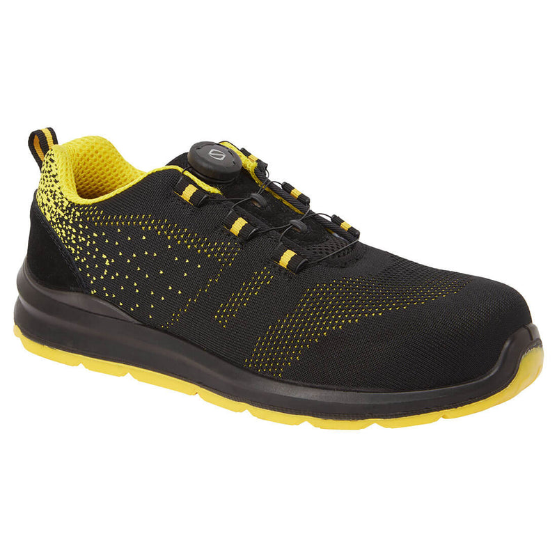 Black and yellow trainer with reinforced heel, wire lace, and durable sole