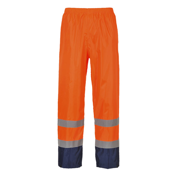 Orange high-visibility rain trousers with reflective stripes, elastic waist, and black cuffs.