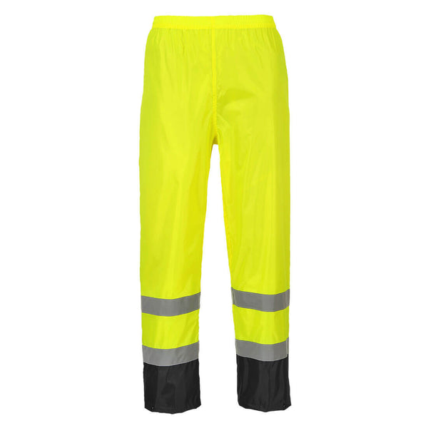 Yellow and blue hi-vis rain trousers with reflective tape and adjustable ankle snaps.
