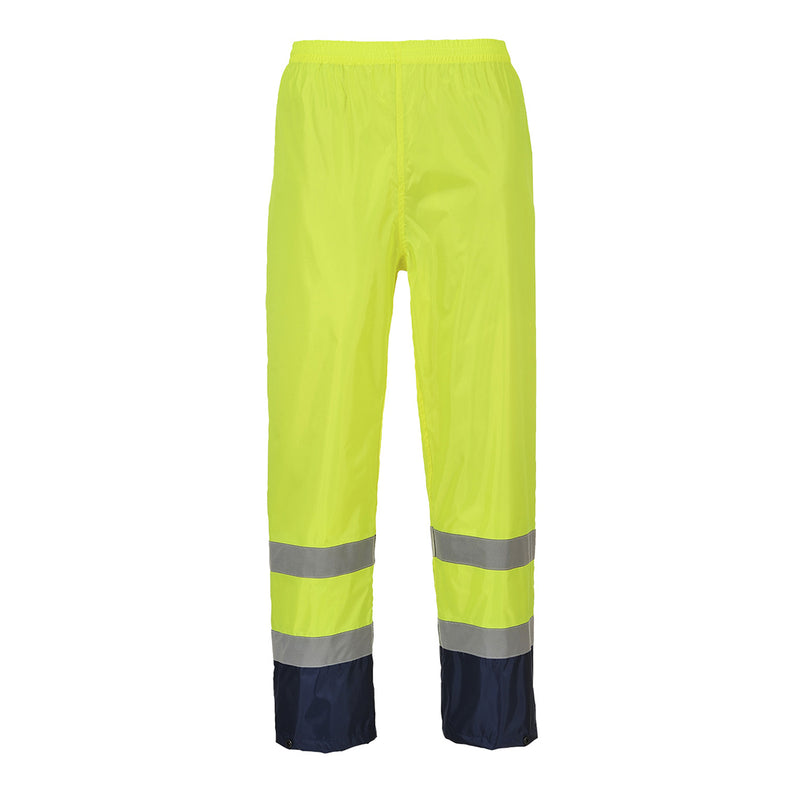 Yellow and navy hi-vis rain trousers featuring reflective stripes and waterproof fabric.