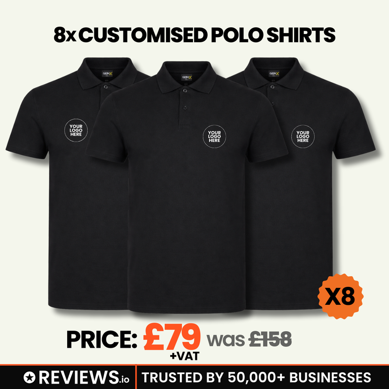 8x Personalised Embroidered Work Polo Shirts with Free Logo