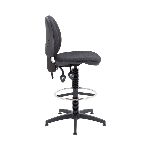 Side profile of the charcoal draughtsman chair showing its elevated height and footrest.