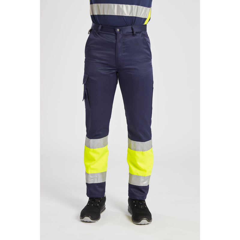 Front studio shot of the yellow/navy Portwest Hi-Vis Lightweight Trouser