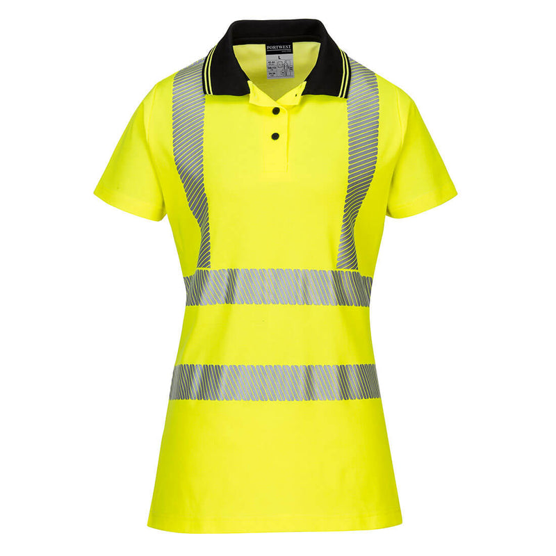 yellow black high visibility women’s polo shirt with safety reflective tape