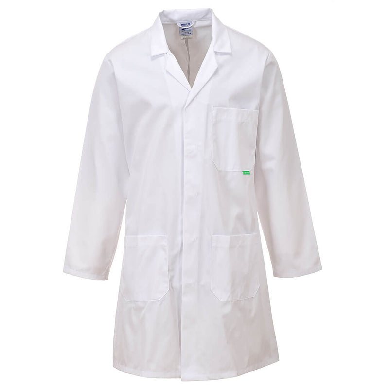 White safety coat with professional collar, concealed buttons, and long-sleeve fit