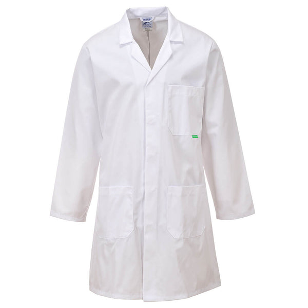 White professional coat with structured fit and durable design for cleanroom use