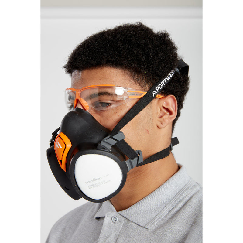 Side view of the Portwest P440 A2P3 ready-to-use half mask respirator.
