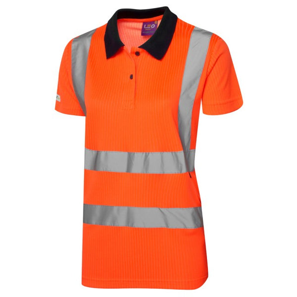 Front view of the Leo Workwear Lana women's polo shirt in hi-vis orange.
