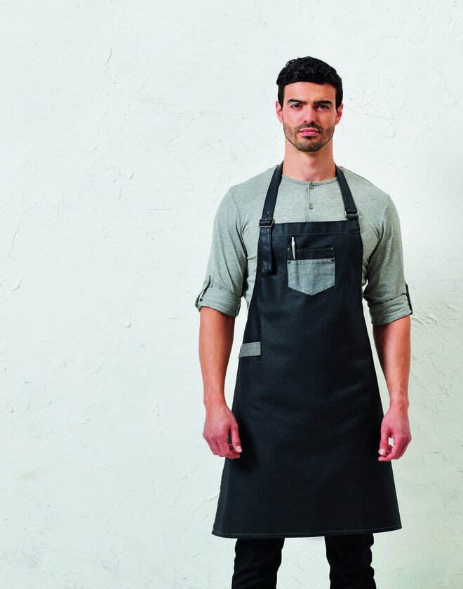 Premier 'Division' Waxed Look Denim Bib Apron with Faux leather