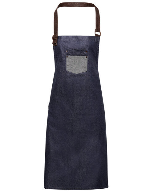 Premier Workwear Division Waxed Look Denim Bib Apron With Faux Leather - PR136M