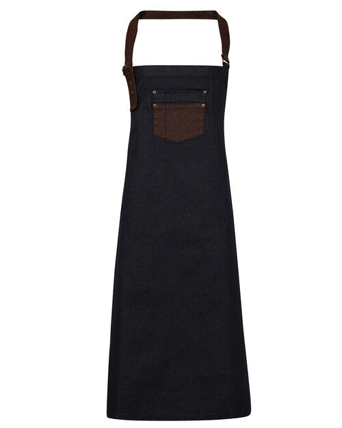 Premier Workwear Division Waxed Look Denim Bib Apron With Faux Leather - PR136M