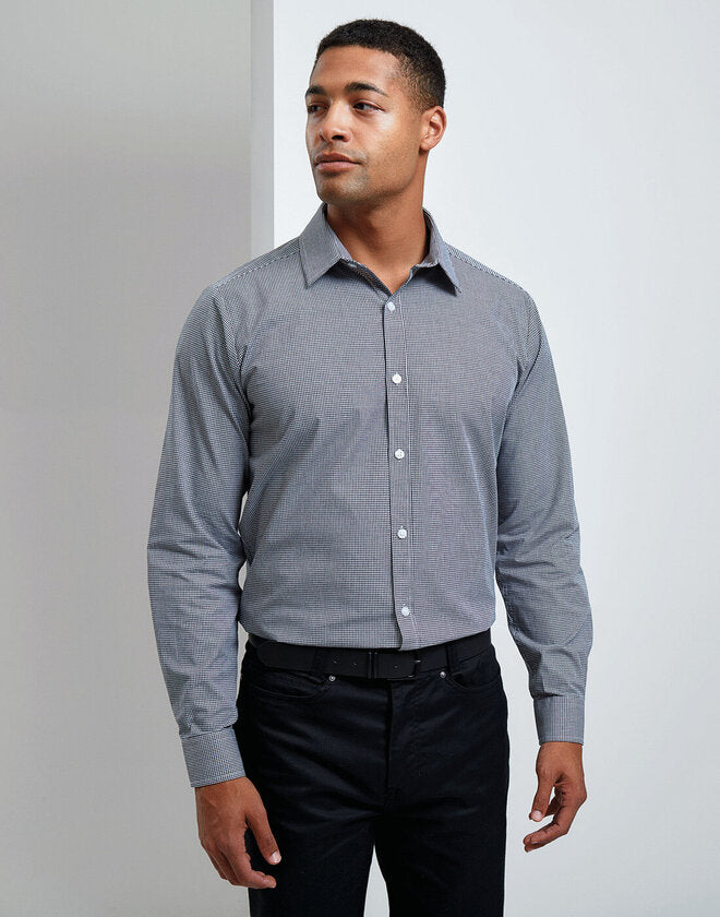 Premier Men's Long Sleeve Gingham Cotton Microcheck Shirt