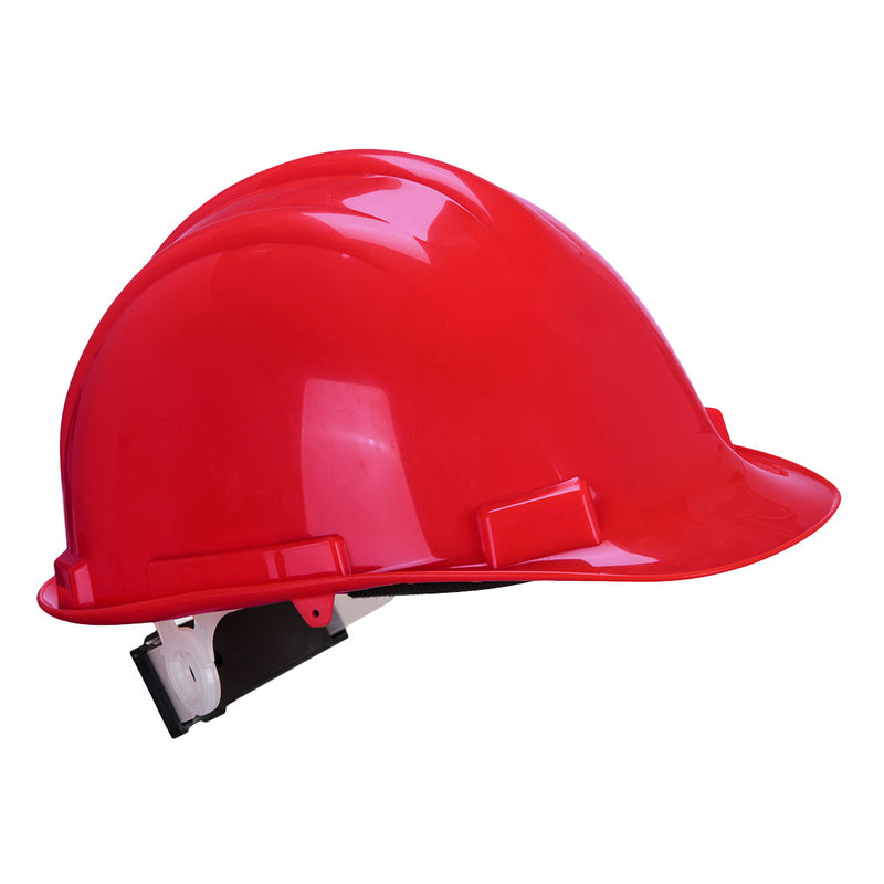 Red safety helmet with adjustable wheel fitting, designed for head protection on worksites.