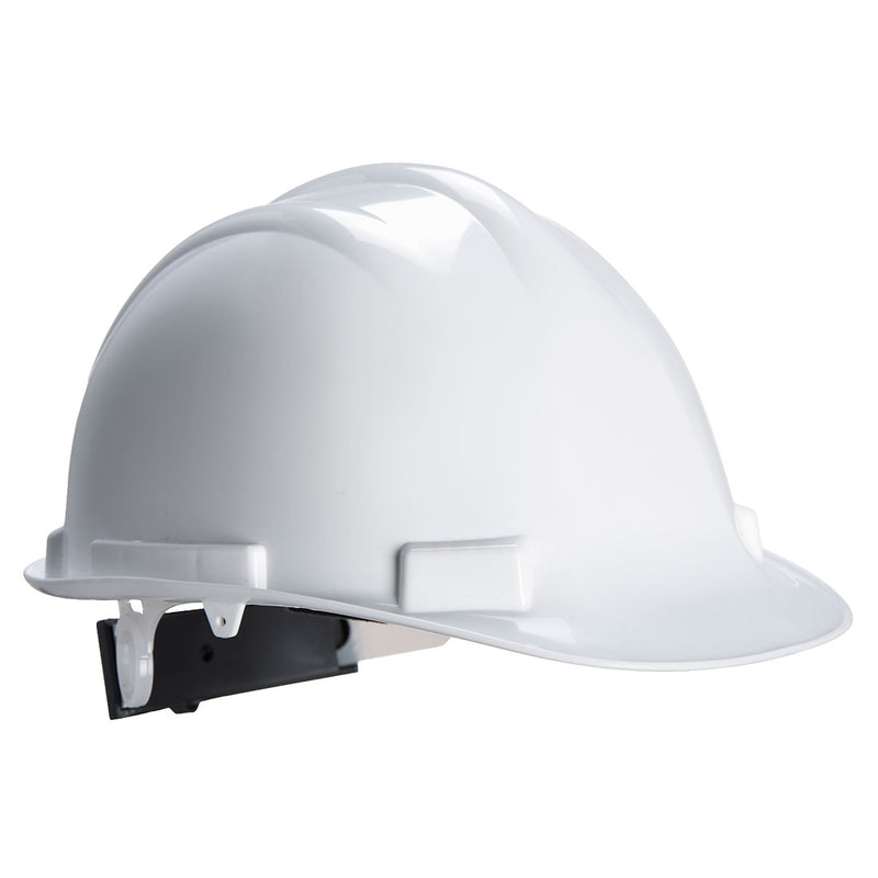 White safety helmet featuring a wheel adjustment system, suitable for construction workers.