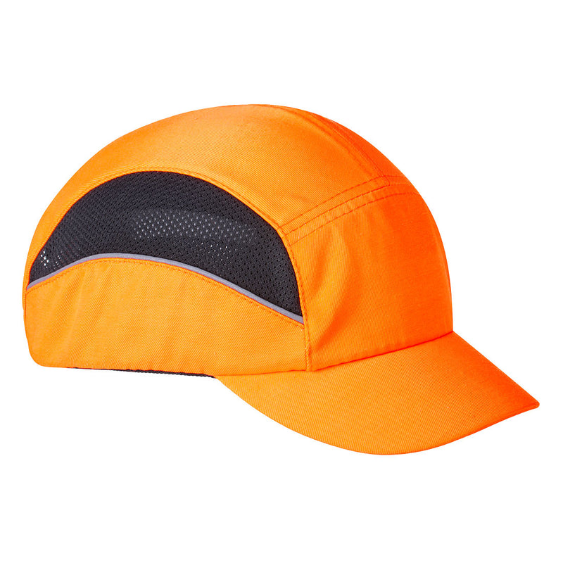 Orange bump cap with side mesh vents, providing comfort and head protection in workplaces.
