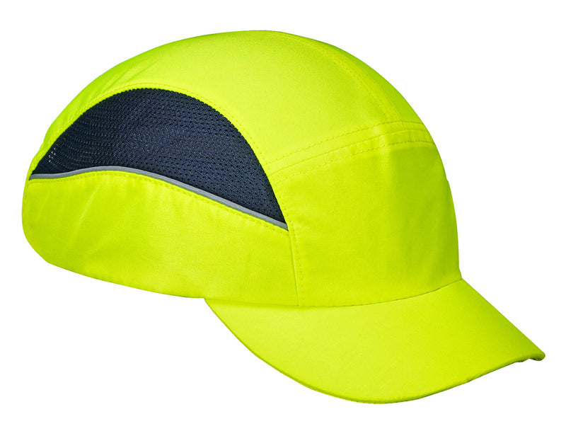 Yellow bump cap with curved peak and ventilation, designed for safety in low-risk environments.