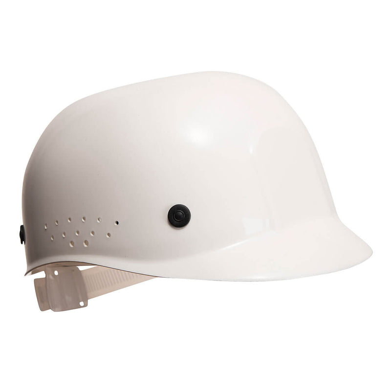 White ultra-light bump cap featuring side mesh panels and ergonomic design for head protection.