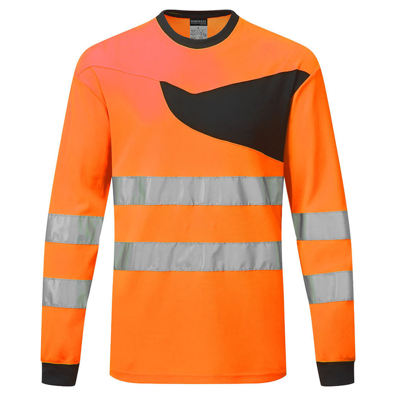 Portwest Hi-Vis long-sleeved t-shirt in orange and navy.