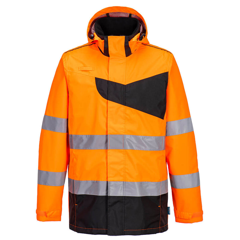 Portwest Hi-Vis Rain Jacket in orange and navy.