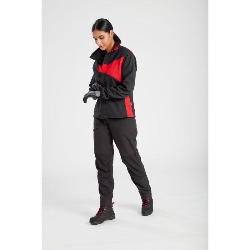 Front view of a model showcasing the women's stretch trousers.