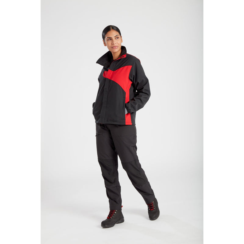 Model demonstrates the stretch and fit of the women's trousers.