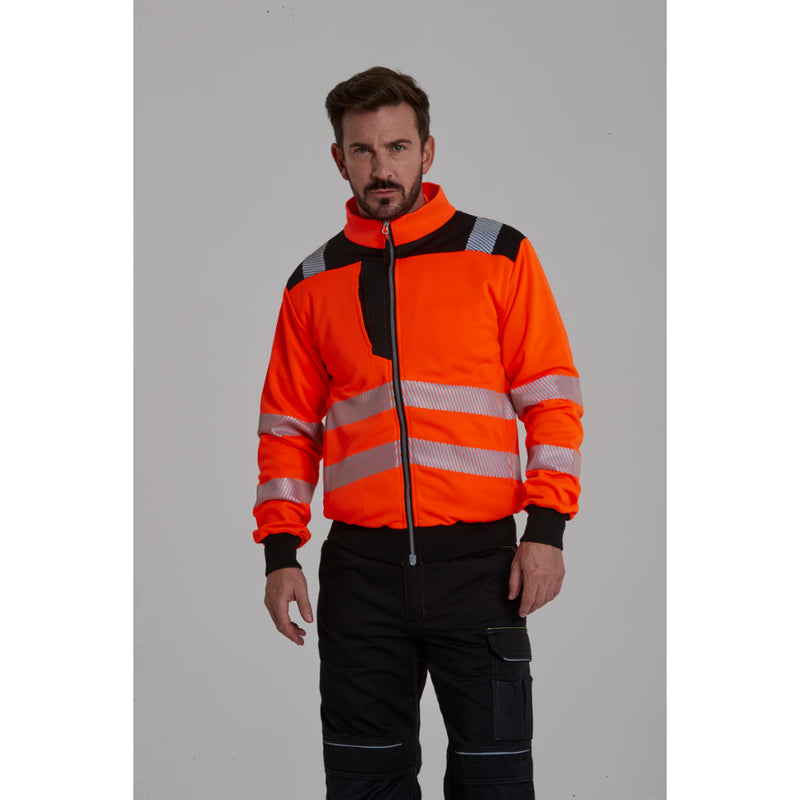 Front view of a model wearing the Portwest PW3 hi-vis zip sweatshirt.