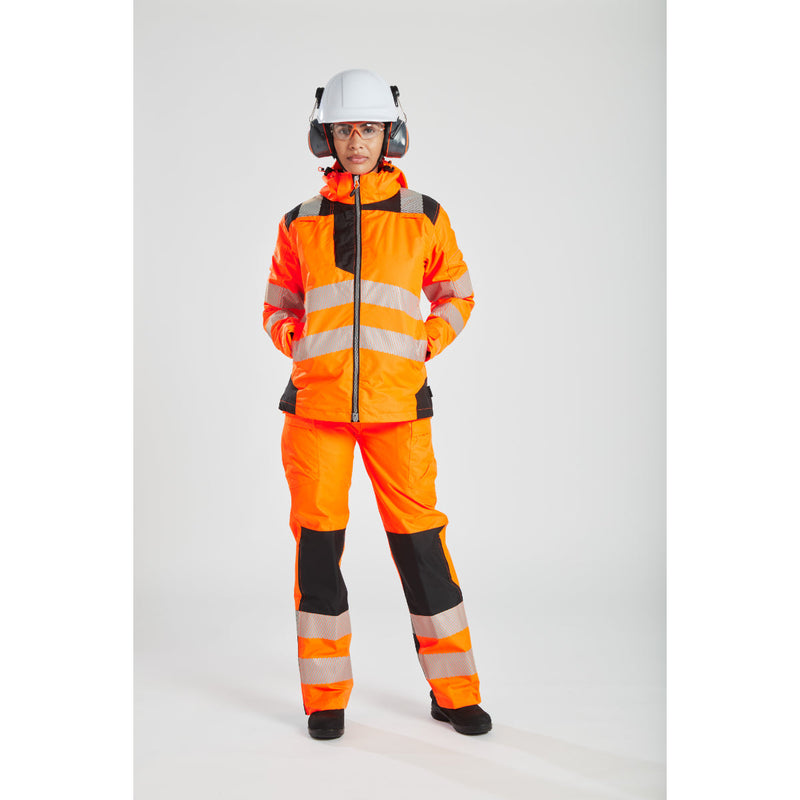 Action shot of workers in Portwest gear, featuring the women's orange winter jacket.
