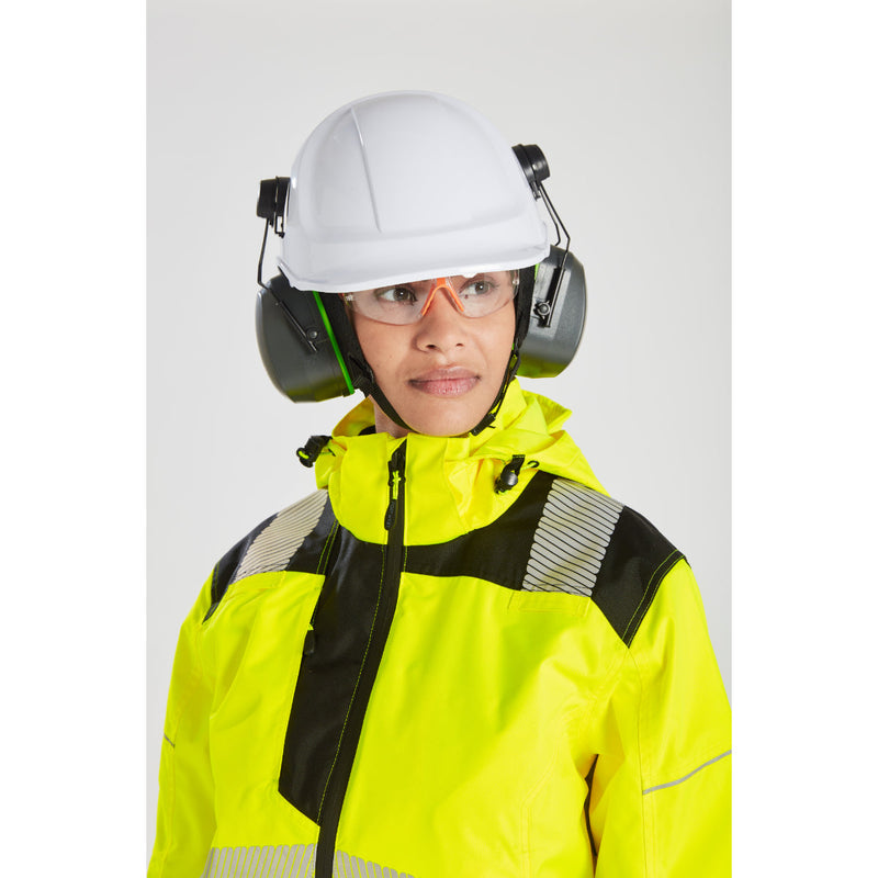 Detailed view of the chin guard and hood on the Portwest PW3 hi-vis rain jacket.