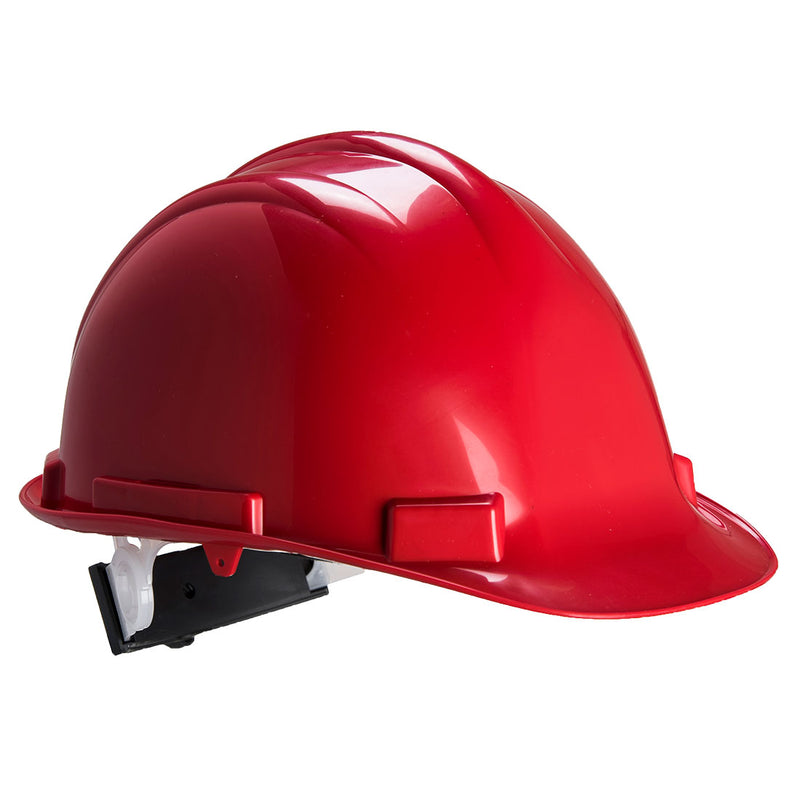 A standard red Portwest Expertbase Safety Helmet (PW50) with harness.