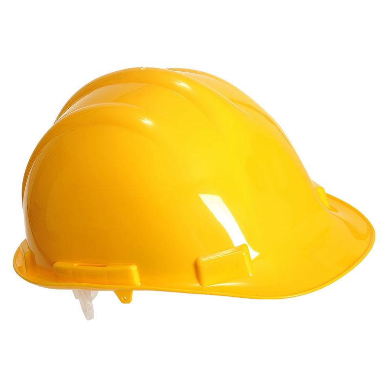 A standard yellow Portwest Expertbase Safety Helmet (PW50) with harness.