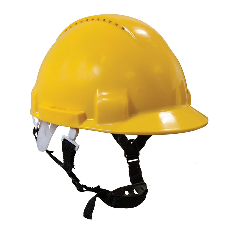 A yellow Portwest Monterosa safety helmet (PW97) with a secure chin strap.