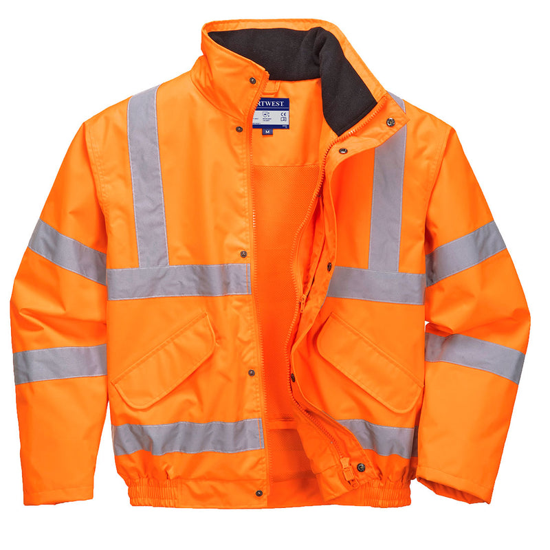 Portwest Hi-Vis Breathable Rain Bomber Jacket in orange.