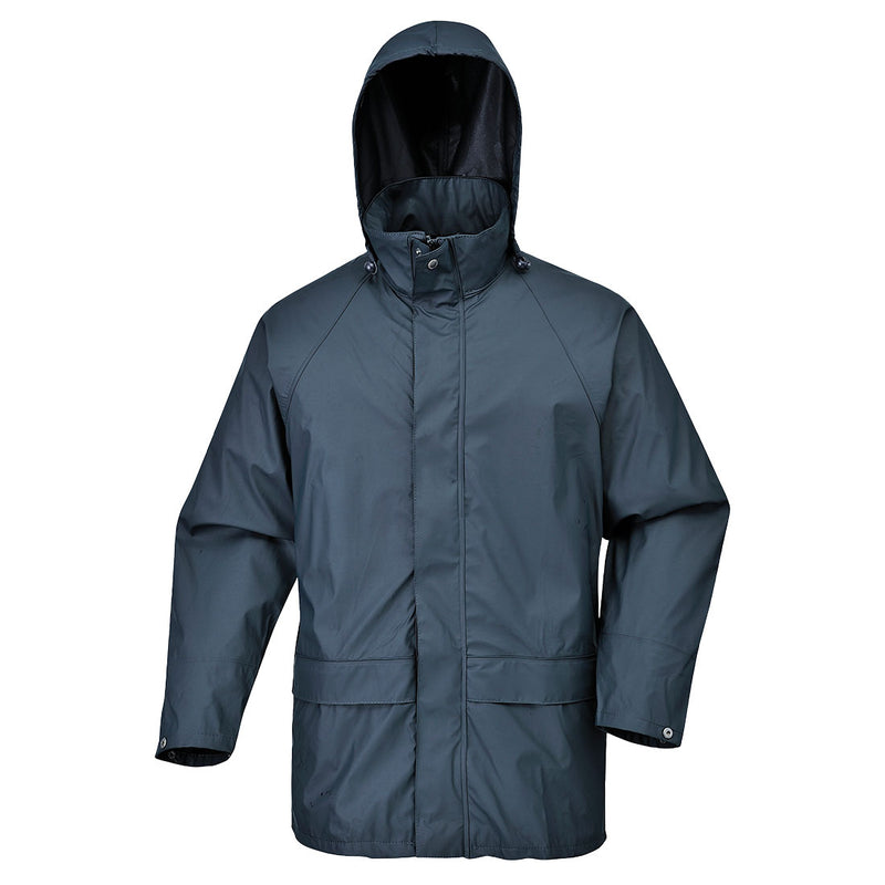 Navy waterproof rain jacket with adjustable hood, storm flap and front patch pockets
