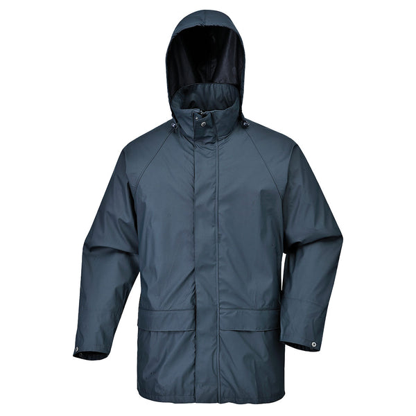 Navy waterproof rain jacket with adjustable hood, storm flap and front patch pockets