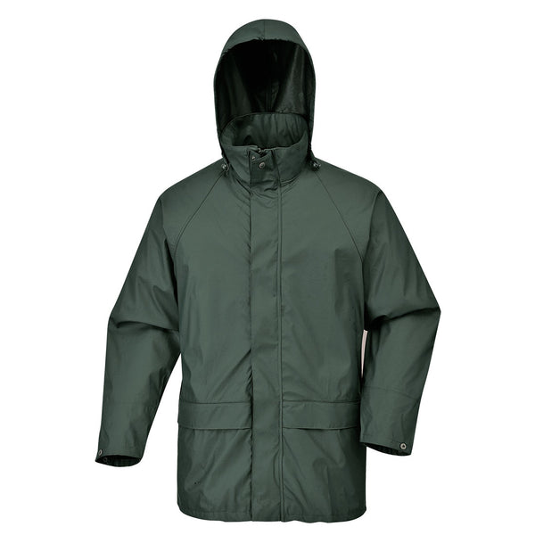 Olive-green waterproof rain jacket with attached hood, snap storm flap and hand-warmer pockets