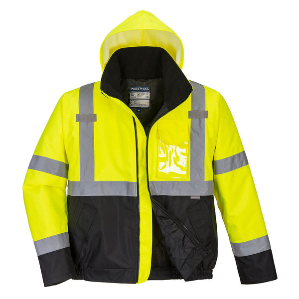 Yellow and blue high-visibility work jacket with zip closure and taped seams