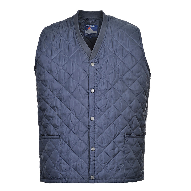 Navy quilted bodywarmer vest with snap-front closure and dual front patch pockets