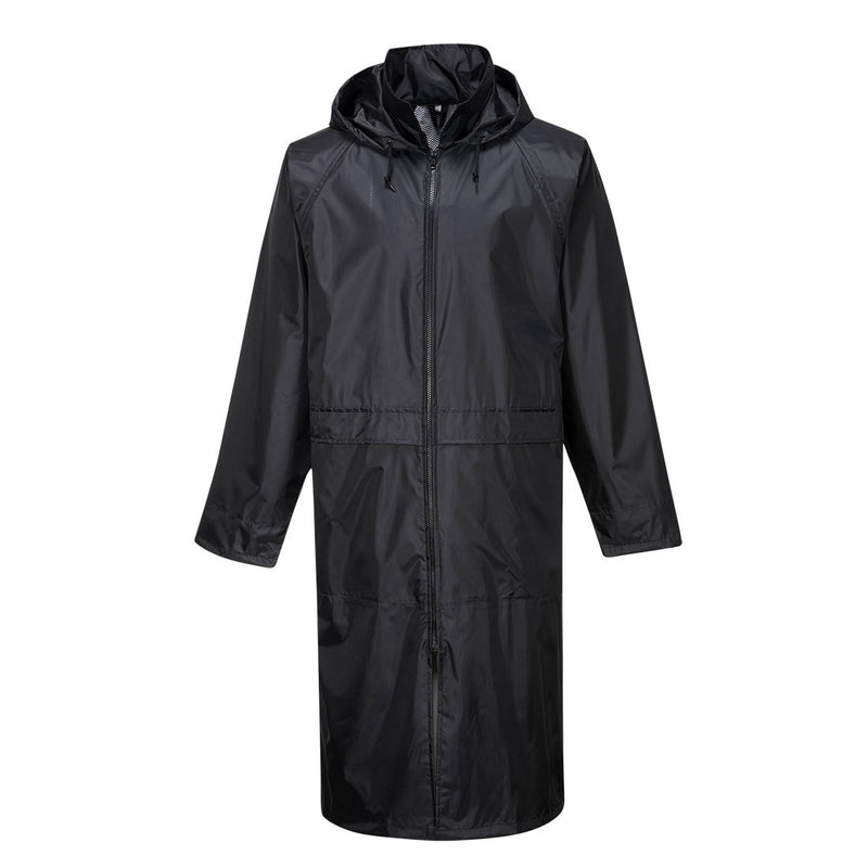 Black Portwest S438 classic PVC-coated raincoat with pack-away hood, back vent and front pockets