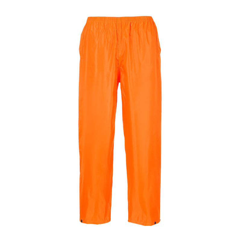 Orange Portwest S441 rain trousers shown folded with reflective tape detailing