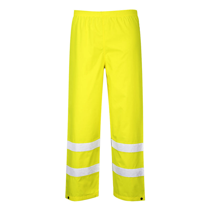 Back view of Portwest S480 yellow safety jacket with adjustable hood and stripes