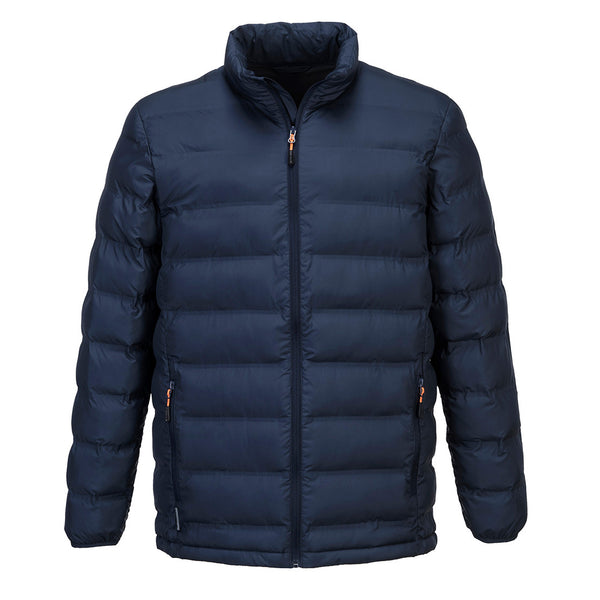 Portwest S546 KX3 Ultrasonic Tunnel Jacket in navy with fully heat-sealed baffle lines, padded insulation, and drawcord hem