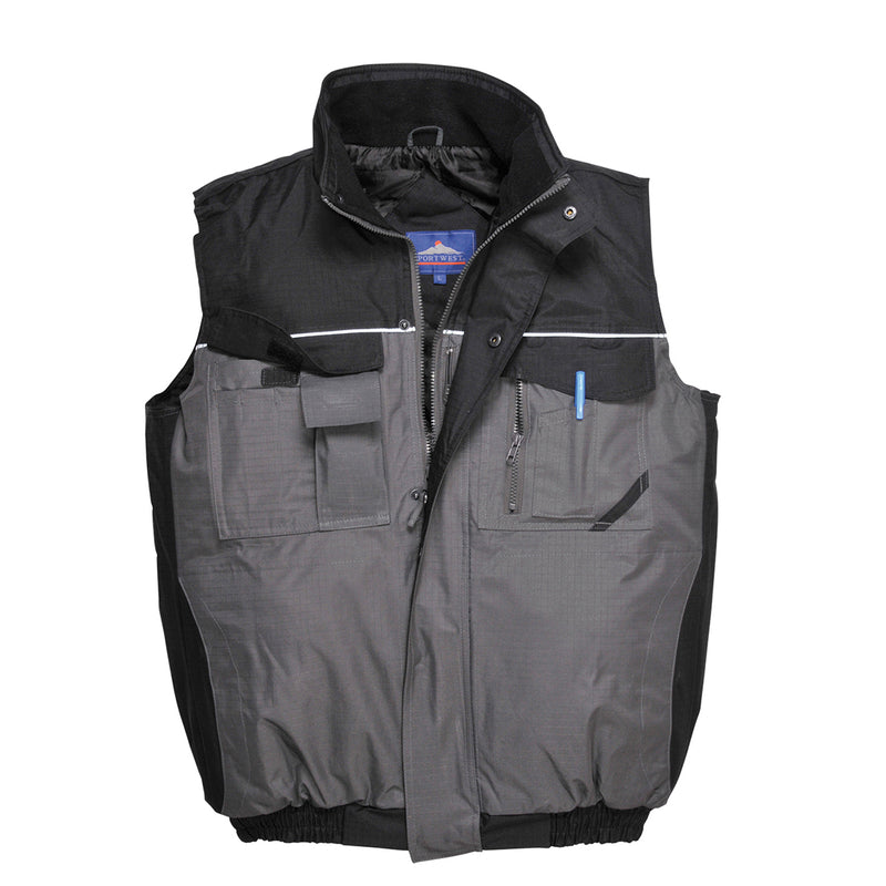 Portwest S560 RS Two-Tone Bodywarmer in black and gray with 9-pocket storage, reflective piping, fleece-lined collar, and storm flap front