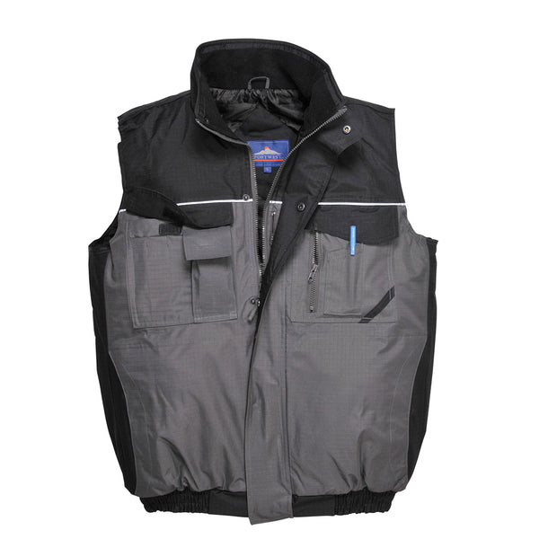 Portwest S560 RS Two-Tone Bodywarmer in black and gray with 9-pocket storage, reflective piping, fleece-lined collar, and storm flap front