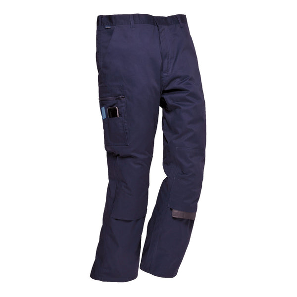 Navy action trousers featuring reinforced knees and spacious cargo pockets