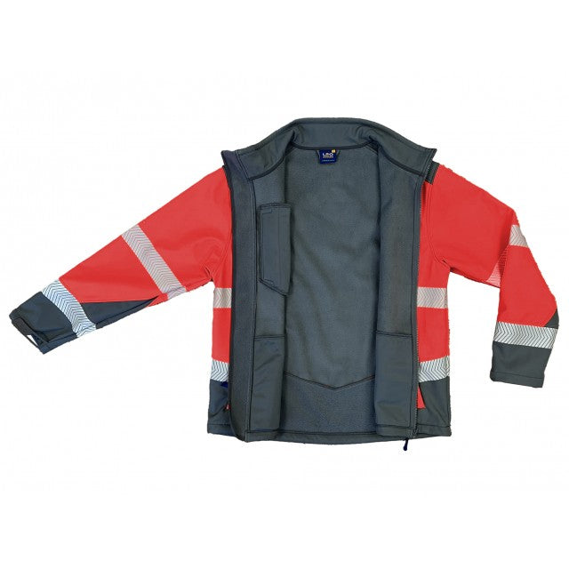 Flat lay of the Leo Workwear Bowden red and grey softshell jacket to display product details and fabric texture.