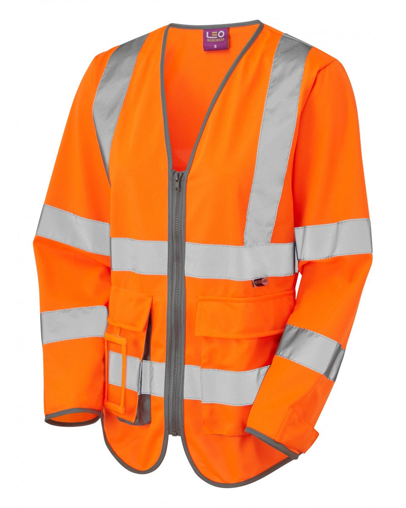 Leo Workwear Beaworthy women's sleeved waistcoat in hi-vis orange.