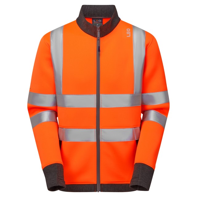 Leo Workwear hi-vis orange softshell jacket front view with zipper and reflective details
